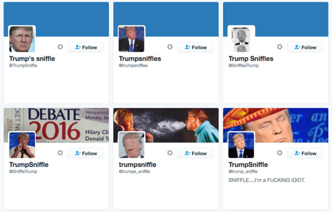 A collage of Twitter accounts ostensibly owned by Donald Trump's recurring sniffles.