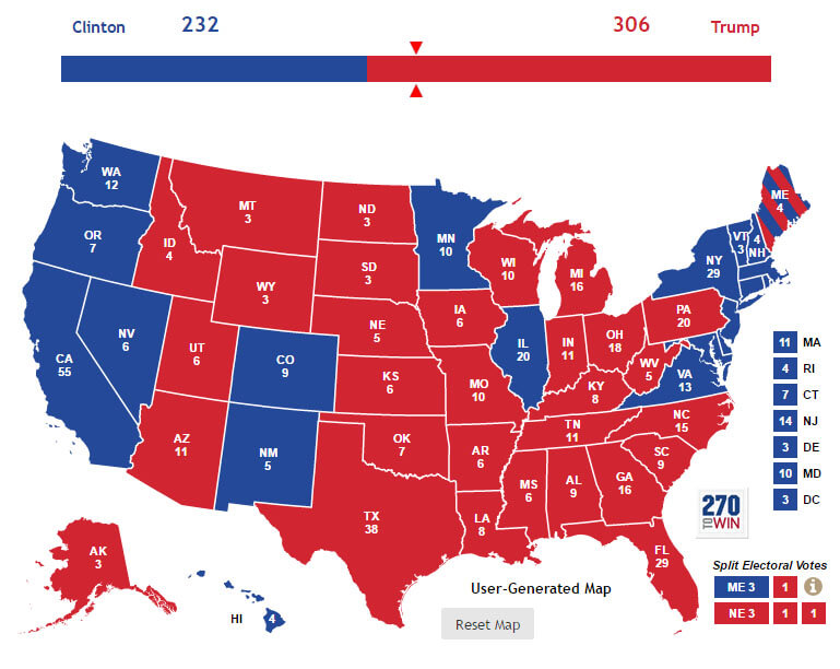 A map of the 2016 Electoral College votes by state.