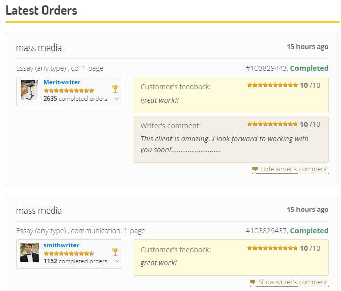 Screengrab of Essayshark showing customer order info