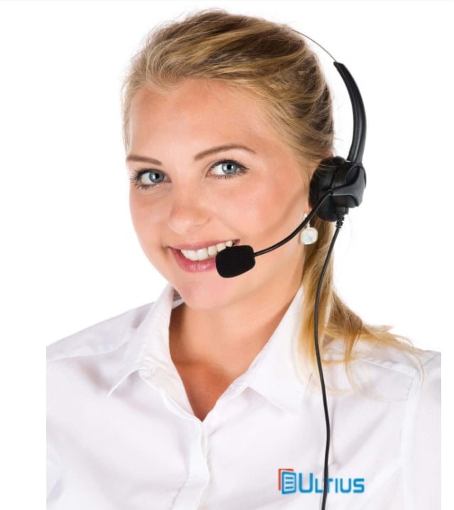 Ultius customer service smiling girl wearing headset.