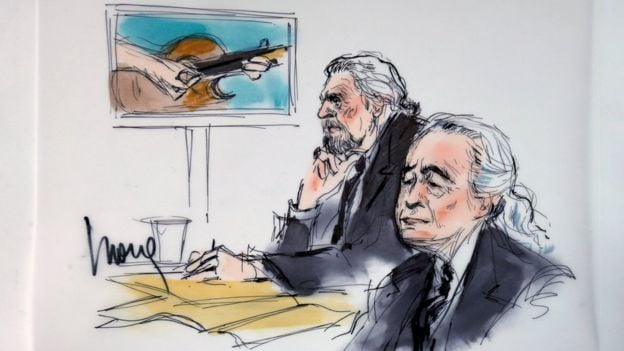 Court skectch of Jimmy Page and Robert Plant in court