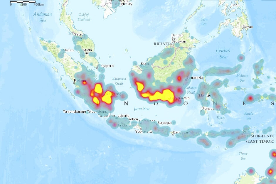 A digital rendering of wildfires in Southeast Asia in September 2015 via the Australian Broadcasting Corporation (ABC).