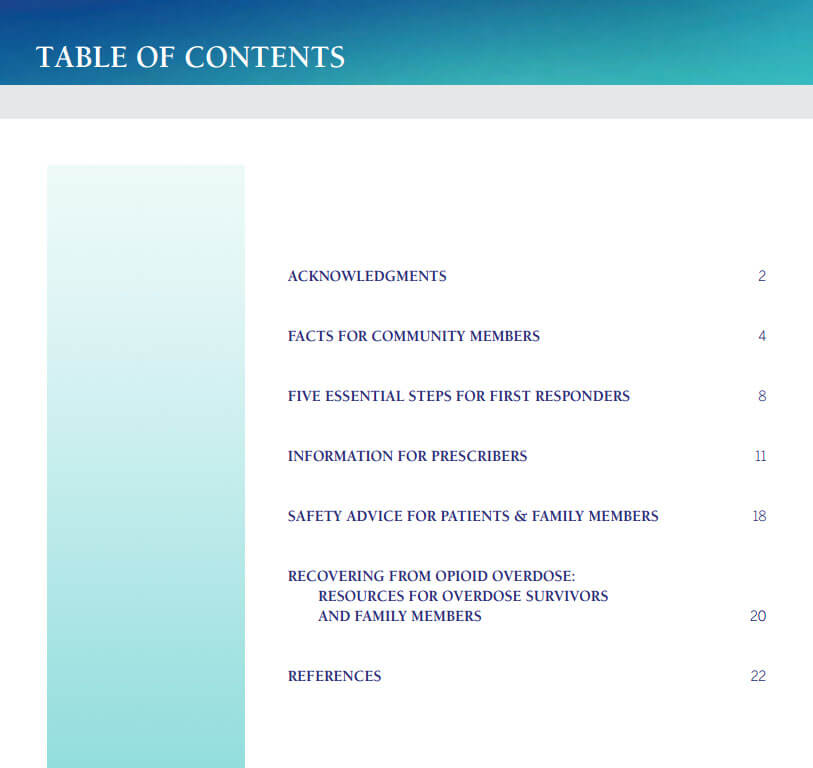 SAMHSA opioid overdose toolkit table of contents