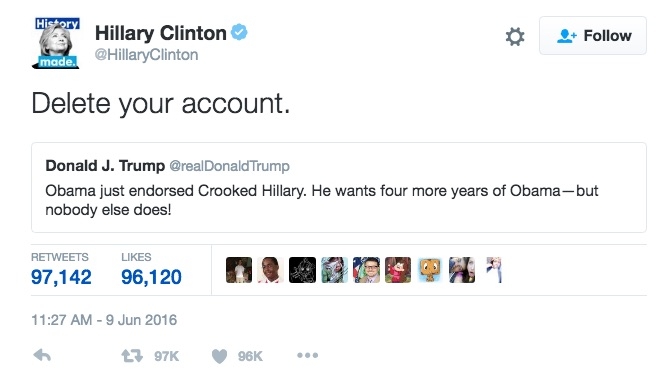 Hillary Clinton tweets for Donald Trump to delete Twitter account.