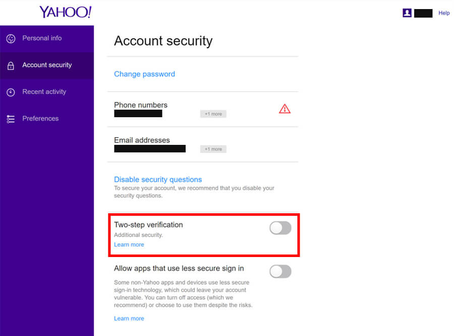 Enable Two Step Authentication - Yahoo Account Page