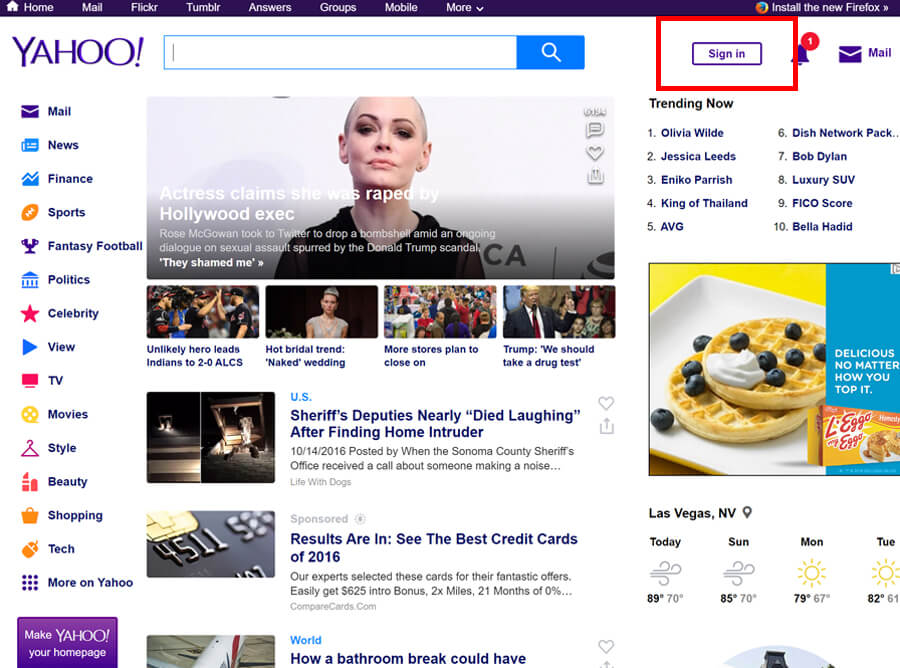 Yahoo Site Home Page - Find the login button