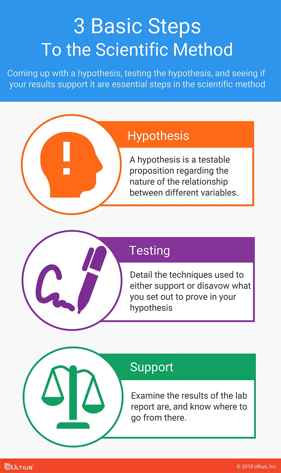 The three steps in the scientific method.